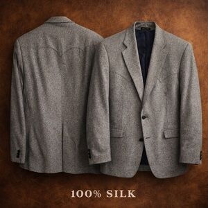 Vintage Circle S Men’s 100% Silk Western Blazer Gray 46R Two-Button Notch Lapel